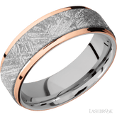 7 mm wide/Flat Grooved Edges/Cobalt Chrome band featuring inlays of Meteorite and 14K Rose Gold